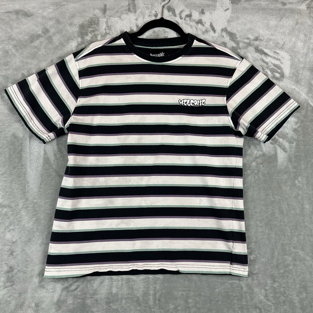 Welcome Cooper T-Shirt Men's M Black White Mint Green Purple Stripe Logo